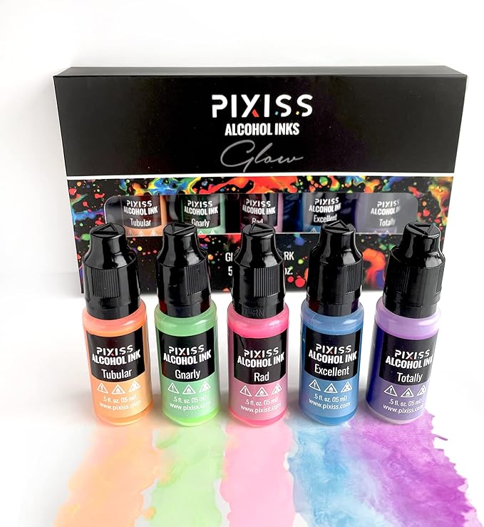 Pixiss Glow in The Dark Alcohol Ink Set - 5 Shades of Brilliantly Glowing Alcohol Ink for Epoxy Resin Supplies, Yupo Paper, Tumblers, Coasters - Resin Colorant for Epoxy Resin and Resin Art Supplies