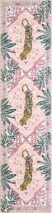 Oriental Tropical Hallway Runner Rug 2x6 Washable, Thin Stain Resistant Pink Boho Runner Rug for Entryway Kitchen Bedroom Laundry, Vintage Abstract Hippie Indian Botanical Long Floor Carpet