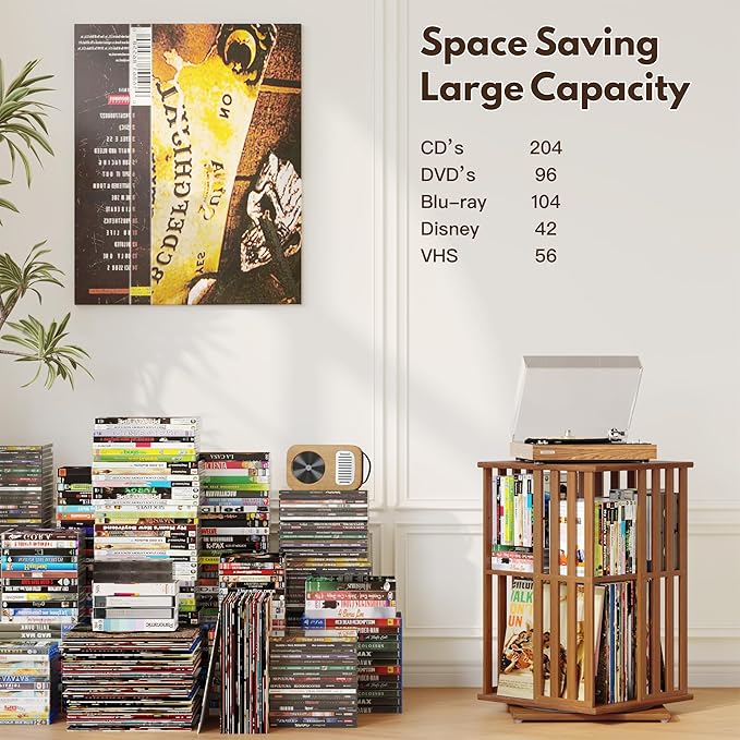 XIMN 360° Rotating Bamboo CD/DVD Shelf - 6-Tier Space-Saving Media Storage Cabinet for Movies, Organizer with Super Compact Design (Walnut, 2 Tier)