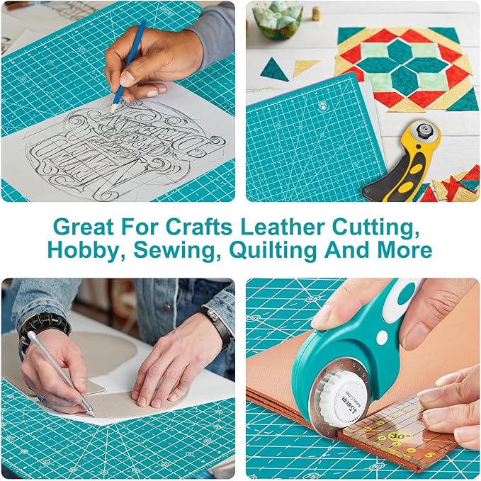 Headley Tools 17"x17" Rotating Cutting Mat, Self Healing Mat with 360-Degree Rotation & Anti-Slip Base, Sewing Board Cutting Mat Perfect for Fabric Quilting Leather Hobby Project, Turquoise