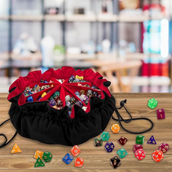 SIQUK Large Dice Bag with Pockets Drawstring Dice Bag DND Dice Storage Bag Big Capacity Dice Pouch for RPG MTG Table Games, Hold over 300 Dice (Black & Red)