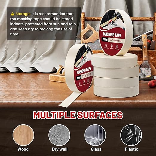 RED WOLF 0.94" x 60 Yards Masking Tape 3 Pack, General Purpose for Painting Arts Crafts Label Car Painting, Sharp Paint Line No Residue Painters Tape White Beige Crepe Paper Tape Heat Resistance