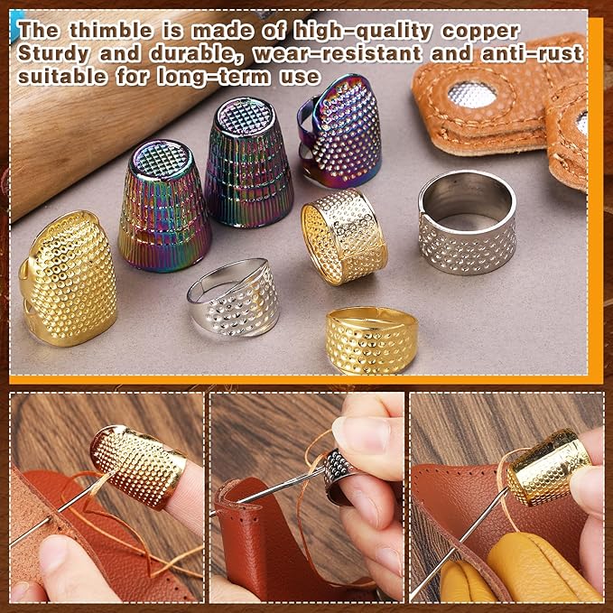 Ftyiwu Sewing Thimble, Hand Sewing Thimble with Storage Box, Adjustable Metal Sewing Thimble, Leather Finger Protector, DIY Hand Sewing Tool Accessories