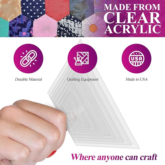 Hexagon Quilting Template Set - 8", 7", 6", 5", 4", 3", 2", 1" Sizes with 1/4" Seam Allowance - Durable Acrylic Templates for Quilting, Patchwork, Crafting, & Sewing Projects