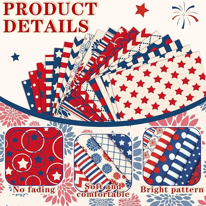 Ganeen 60 Pcs 10 x 10 Inch Vintage Patriotic Quilting Fabric Squares Red Blue White Fabric Bundle Retro 4th of July Fat Patchwork Precut Stripes for Memorial Day Handmade Material Sewing DIY Crafts