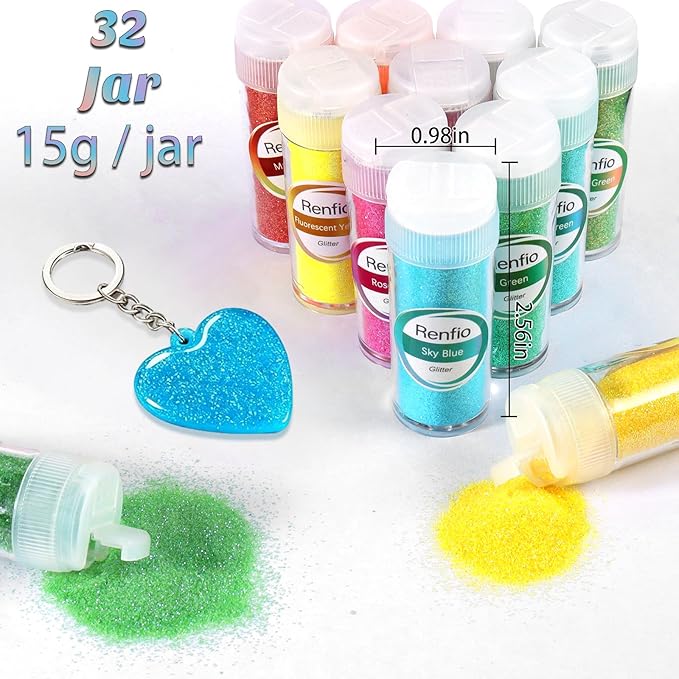 Renfio 32 Colors Iridescent Glitter Set, 16.93oz 480g Ultra Fine Glitter Powder PET 1/128" 0.008" 0.2mm Resin Suppies Assorted Craft Glitter for Fake Nails, Resin Art, Tumblers, Slime, Hair, Bomb