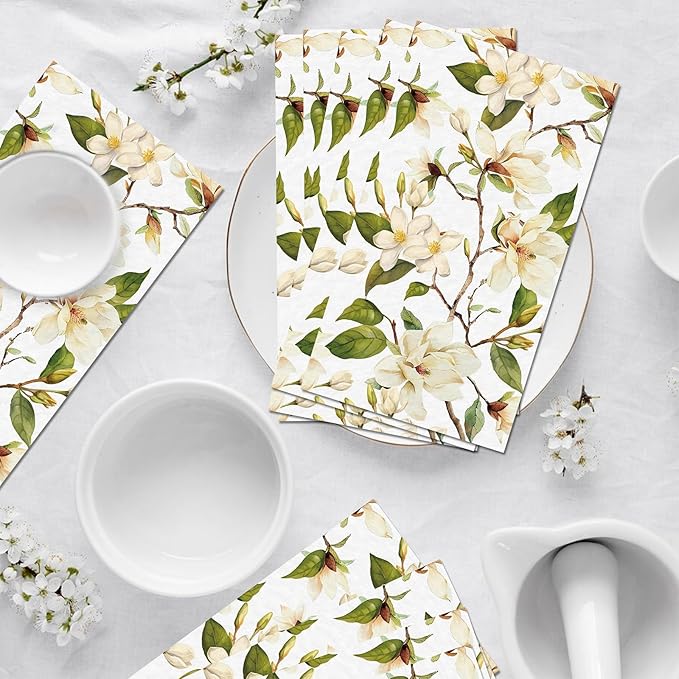 60 Pack 3 Styles Floral White Magnolia Blossom Guest Napkins Disposable Paper Spring Flowers Dinner Hand Napkin for Bathroom Wedding Holiday Anniversary Birthday Party Bridal Decorative Towels