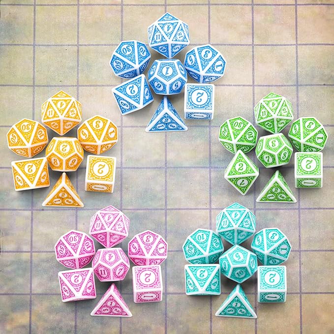 Coyeekn Polyhedral Dice DND Dice, 5 Sets of Dragons and Dungeons,RPG MTG Table Game Vintage Dice Carving Dice (35Pieces)