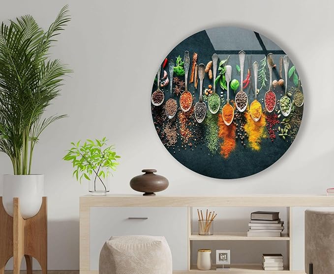 My Photostation.com 39,4''(100cm) Diameter Colorful Herbs Round Glass Wall Art Tempered Glass Printing Wall Decor Large Wall Art Wall Hangings