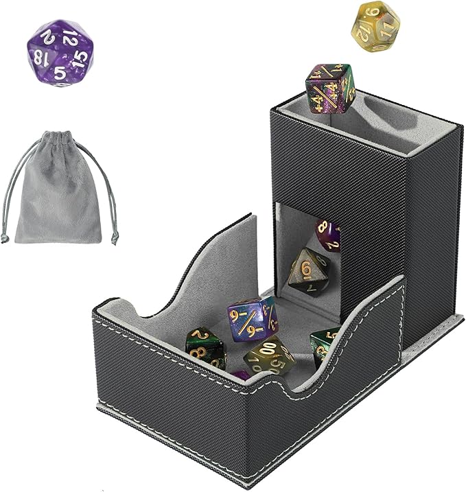 Dice Roller Tower, Premium DND Magnetic Dice Tray, Foldable PU Leather Dice Tower RPG Gifts for Dungeons and Dragons MTG Dm & Player Black/Grey