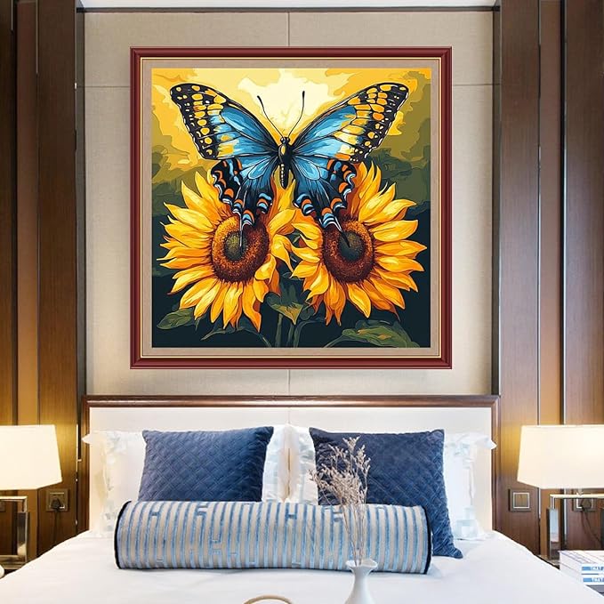 DMCXART Counted Cross Stitch Kits for Adults Needlepoint Kits Unprinted Cross Stitching Embroidery Kit 11CT Cross Stitch Supplies-Butterfly Sunflower 18x18 inch