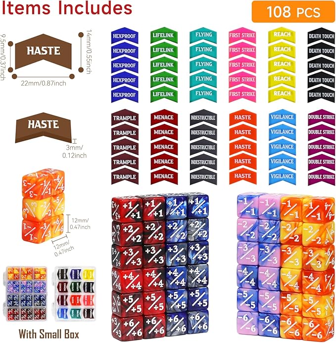 SIXPOINTS 108PCS 12mm MTG Counter Dice +1/+1 Tokens 6 Sided Dice & MTG Keyword Counters Tokens Set for Magic The Gathering, MTG, TCG, Card Games Accessories (4 Color Dices#E + MTG Keyword Counters)
