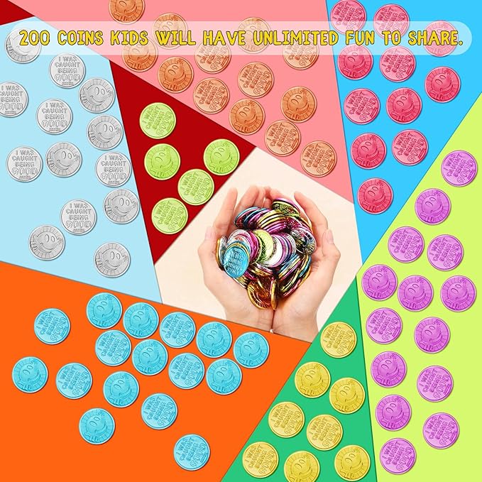 Jerify Caught Being Good Coins for Kids Behavior Tokens Plastic Reward Colored Pretend Coin Carnival Halloween Party Counting(200 Pcs,Smile Face)