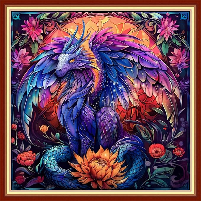 Joyhoor Stamped Cross Stitch Kits for Beginners, Needlepoint Kits for Adults, 11CT Counted Embroidery Kits-Magic Dragon 18x18 inchs