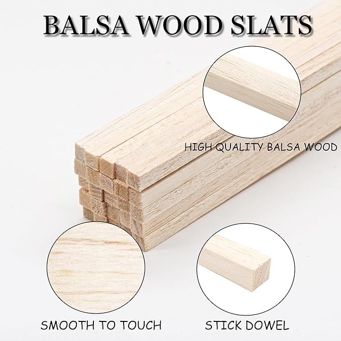 Premium 1/4" x 12" Balsa Wood Sticks 50pcs - Square Unfinished Lightweight for Architectural Models, DIY Crafts