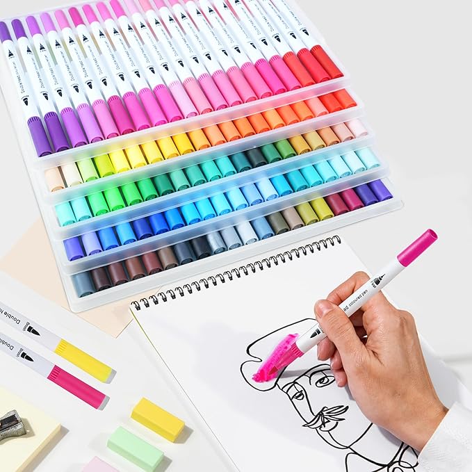100 Colors Dual Brush Markers for Adult Kids Coloring Books, Water-Based Ink Art Marker Pens Set with Fine & Brush Tips for Bullet Journaling, Drawing, Hand Lettering, Sketching