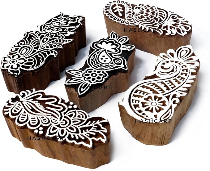 Wooden Stamps for Block Printing on Saree Border, Textile, Clay, Pottery, Tattoo Set of 5 - Handcrafted Block Printing Stamps for Kids' Art Projects HASHCART®