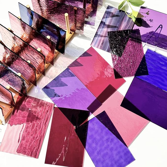 24 Sheets Shades of Purple Stained Glass Sheets, 6 X 4 inches Stained Glass Supplies Mosaic Tiles for Crafts, Pink Colors for Glass Projects or Mosaic Arts