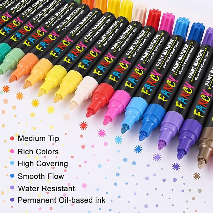 IVSUN Paint Pens Paint Markers, 36 Colors Oil-Based Waterproof Art Marker Pen Set, Never Fade Quick Dry and Permanent, Works on Rocks, Wood, Fabric, Plastic, Canvas, Glass, Mugs, DIY Craft