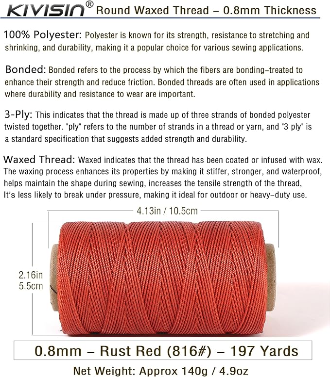Bonded 0.8mm Round Waxed Polyester Cord, 3-ply Wax Coated Thread, 197 Yards Stiff String for Heavy Duty Fabric, Leather Sewing, Book Binding, Upholstery Repair, and Macrame Jewelry - Rust Red