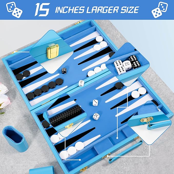 Froggod Travel Backgammon Sets for Adults – 15 Inch Premium Backgammon Set – PU Leather Case with Seamless Flocked Game Surface – Classic Board Games for 2 Player and Gift for Men(Light Blue)