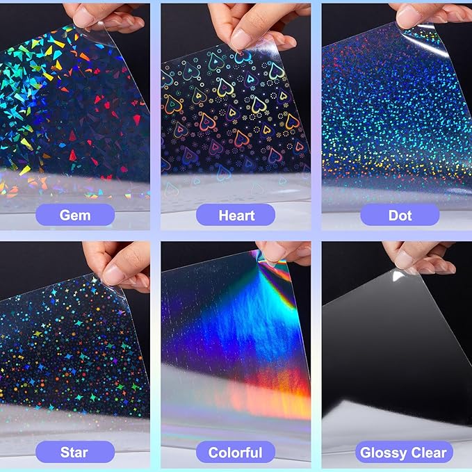 Clabby 36 Sheets Holographic Sticker Paper A4 Vinyl Sticker Paper Self Adhesive Waterproof Transparent Film, 11.7 x 8.3 inches (Gem, Dot, Colorful, Star, Heart, Glossy Clear)