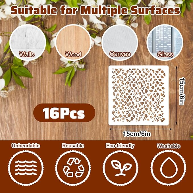 16Pcs Layering Stencils for Painting, 6"x6" Paint Stencils Mixed Texture Bubble Dot Waves Stone Crackle Splatter Geometric Stencil, Stencil for Painting on Wood DIY Art Crafts