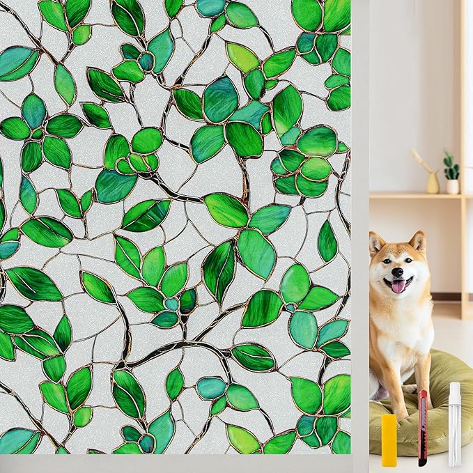 Window Privacy Film Stain Glass Window Film Rainbow Window Film Window clings Non-Adhesive Reusable Decorative for Room (Frosted Greenery Leaf, 17.5 x 78.7 in)