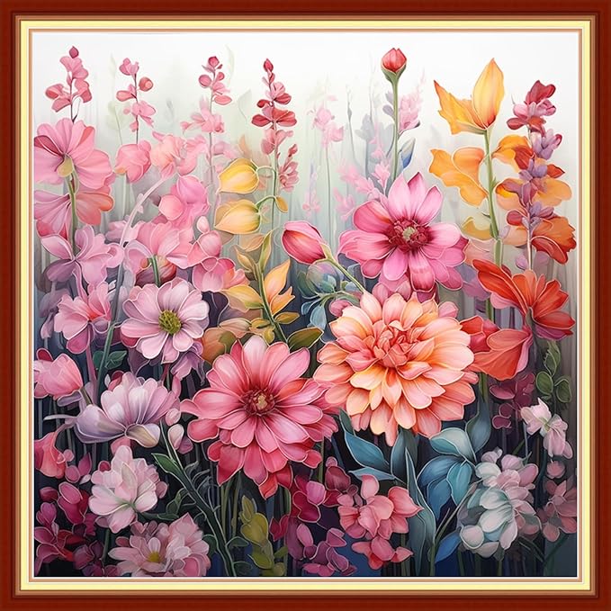 Foxdiviy Stamped Cross Stitch Kits - 11CT Embroidery Patterns - Colorful Flowers - 18x18 inch - Suitable for All Ages