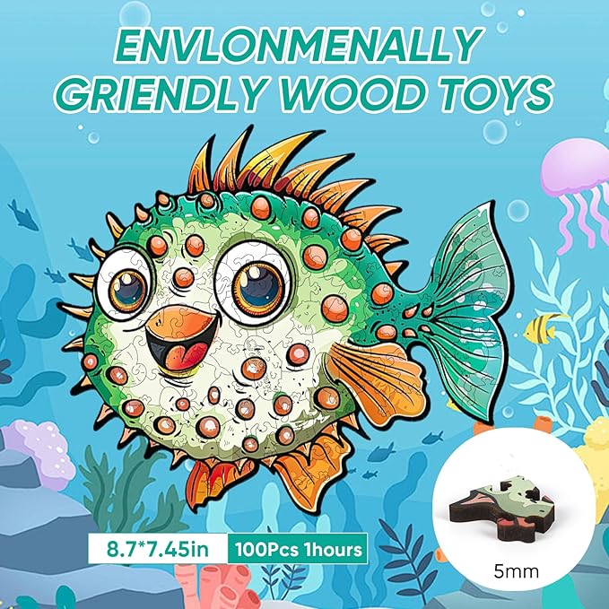 Wooden Puzzles for Kids, 100 Pieces Ocean Puzzle, Unique Fish Shaped Wooden Puzzle, Preschool Puzzle Toys, Give Your Kids/Grandchildren, Suitable for Family Games