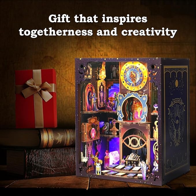 Tarot Book Nook Kit - 3D Wooden Puzzle for Adults, Teens & Beginners, DIY Miniature Bookshelf Insert with LED Light, Mysterious Craft Gift for Family, Friends