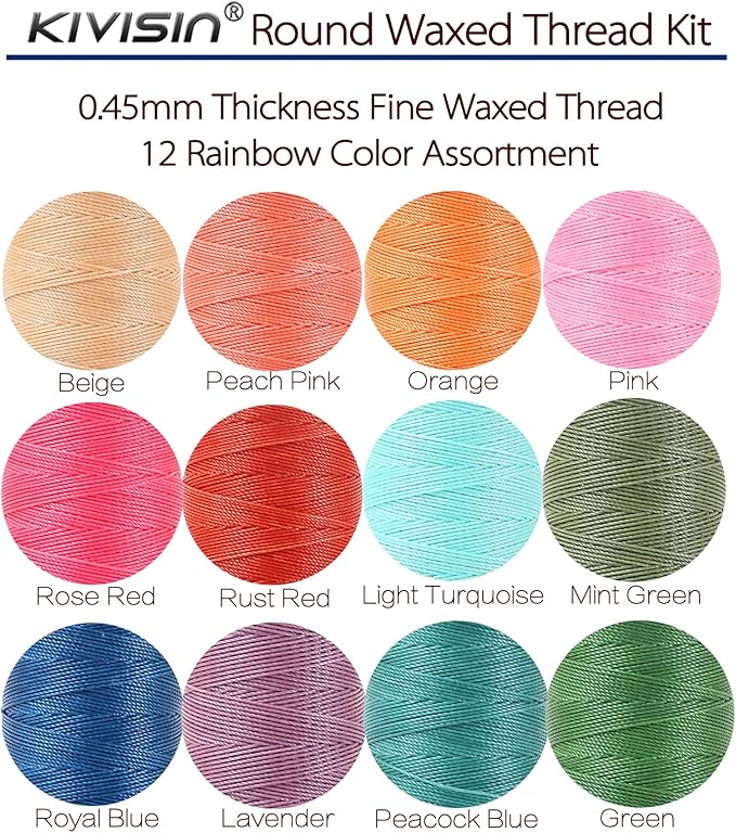 12 Colored Waxed Polyester Thread, 0.45mm Thinner Diameter, 115 Yards/Spool, Wax Coated String Cord for Leather Sewing, Upholstery, Stitching, Binding, Beading, Stringing, and Crafting