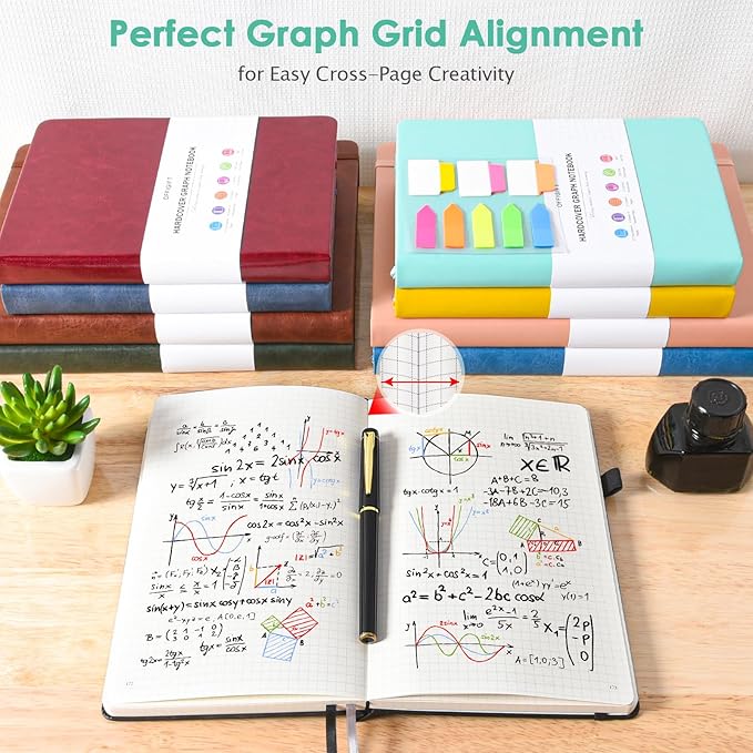 5 Pack Graph Paper Notebook, 312 Numbered Pages Graph Notebook Bulk, 100gsm No Bleed Grid Paper Notebooks for Work, Hardcover Leather Journal, Squared Grid Notebook for Graphing Notes Math, Multicolor
