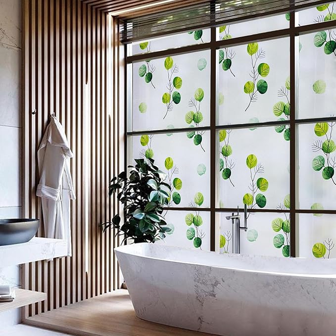 DKTIE Eucalyptus Leaves Stained Glass Window Film with Installation Tools, INS Style Window Privacy Film Decorative, Nordic Style for Home Decor (S541, 17.7'' x 78.7'')