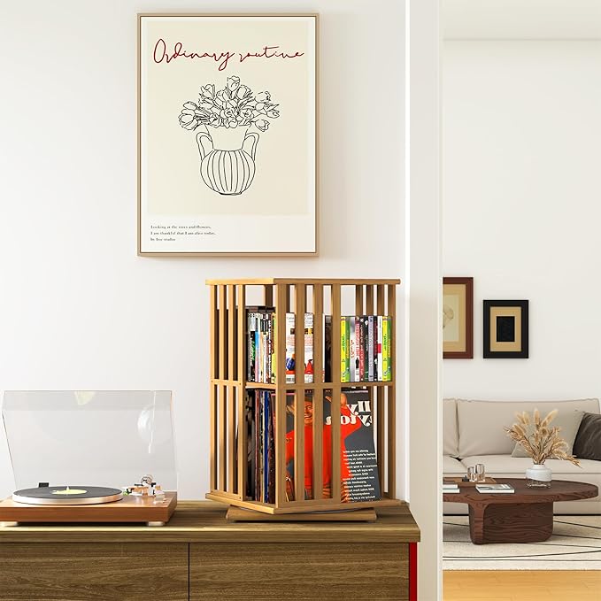 XIMN 360° Rotating Bamboo CD/DVD Shelf - 6-Tier Space-Saving Media Storage Cabinet for Movies, Organizer with Super Compact Design (Nature, 2 Tier)