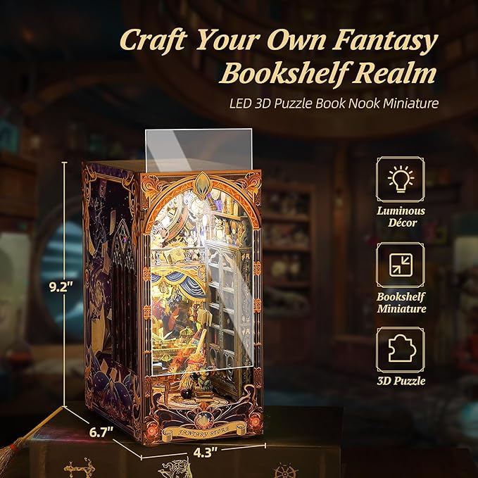 3D Wood Puzzle Book Nook Kit, Fantasy Store Bookshelf Insert with LED Lights, DIY Magical Miniature Bookend Décor for Display, Unique Craft Gift for Adults and Teens (Fantasy Store)