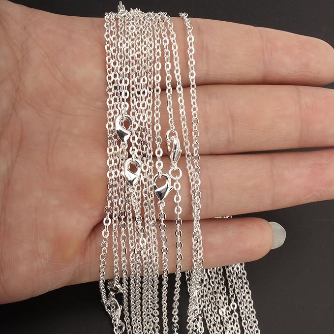 ALEXCRAFT Wholesale 12 PCS Silver Plated Solid Brass Flat Cable Chains Bulk for Jewelry Making (20 Inch(2MM))