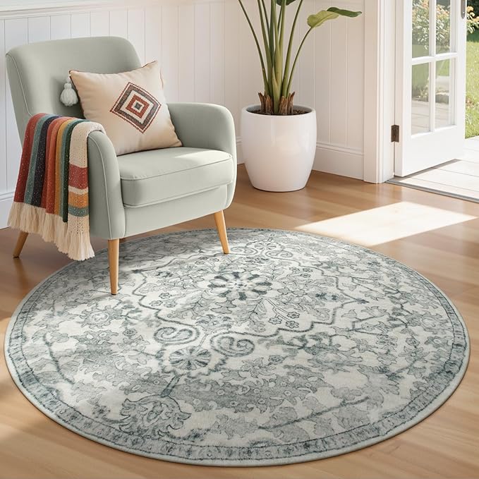 Lahome Bohemian Round Area Rugs, Washable Small Round Rug 3ft Soft Non-Slip Circle Rugs for Entryway, Low Pile Non-Shedding Print Indoor Carpet for Kitchen Laundry Bathroom, Beige