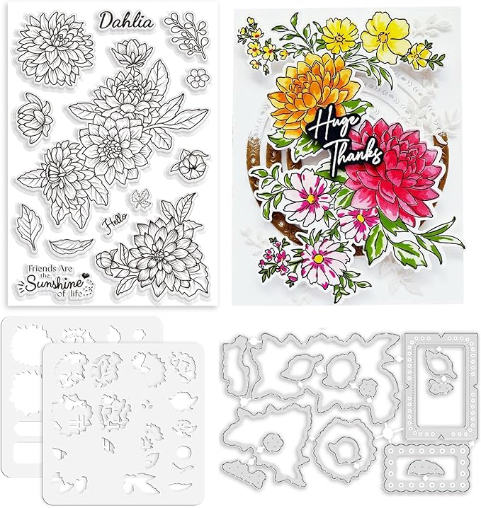 ORIGACH Realistic Dahlia Layering Stencils Set for Card Making, Dahlia Silicone Stamps and Die Sets and Flower Stencil Template for Scrapbooking DIY Crafting