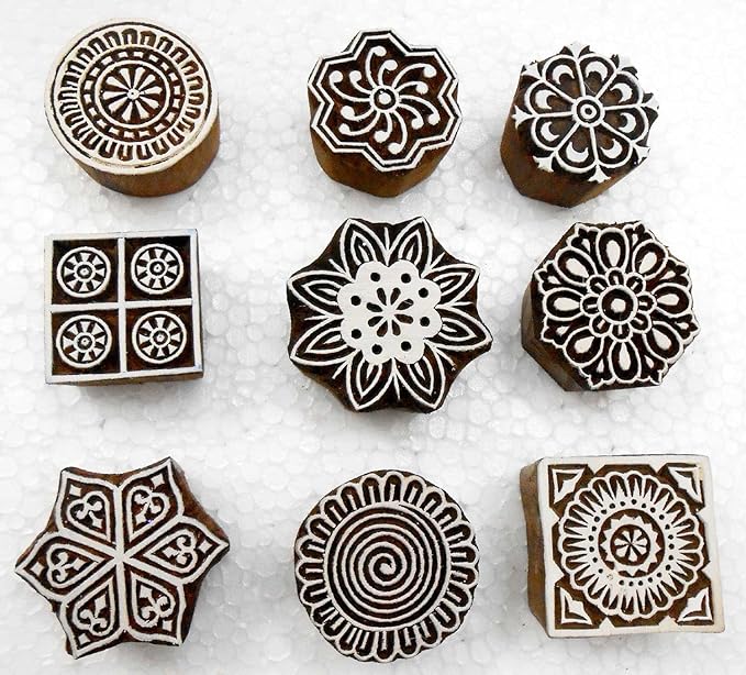 Handcarved Wooden Block Printing Stamps (Set of 9) for Textile Designing/Craft Printing Pattern for Saree/Scrapbookng/Tattoo