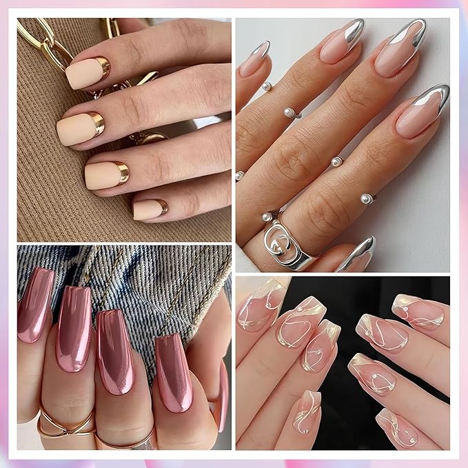 Gold Silver Chrome Nail Powder, 12 Colors Iridescent Holographic Unicorn Chrome Powder for Nails, Metallic Mirror Effect Rose Gold Champagne Nail Powder Pigment Glitter Foils Flakes Nail Art