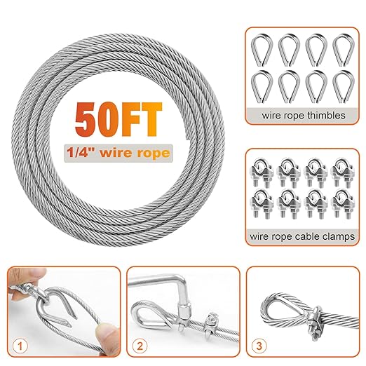 Stainless Steel Cable for Railing - 50FT 1/4" T316 Wire Rope with Clamps and Thimbles - 7 x 19 Strands 6700 LBS Breaking Strength for Outdoor Deck Railing Zipline
