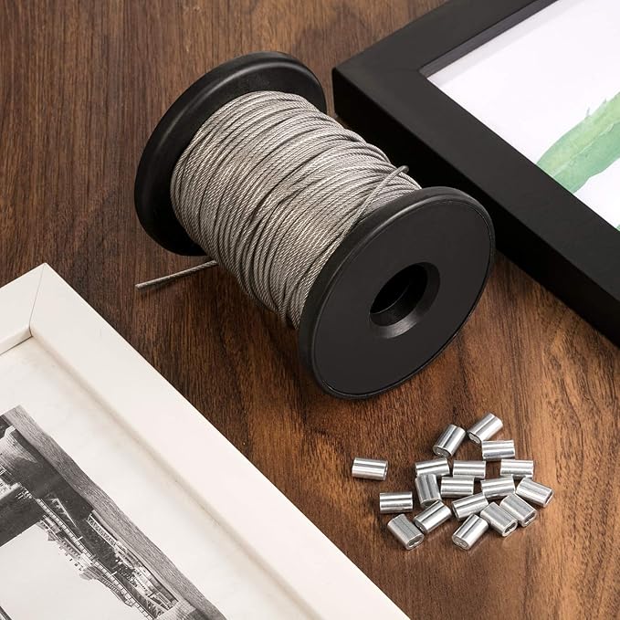 Chengu Vinyl Coated Picture Frame Hanging Wire, Stainless Steel Wire Spool with 20 Pieces Aluminum Crimping Loop Sleeve, Supports up to 110 Lbs (1.5 mm x 98 Feet)