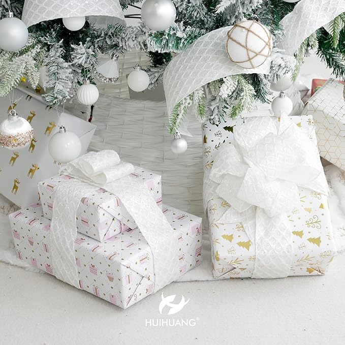 HUIHUANG White Glitter Wired Ribbon for Christmas Tree 2.5 inch White Diamond Mesh Wire Ribbon for Tree Decoration, Wreaths, Garland, Gift Wrapping, Large Bows Making, Home Decor -10 Yards