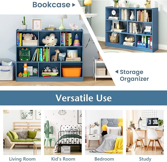Toy Storage Organizer, 2-Tier Kids Bookshelf, 5 Cube Kids' Bookcases, Cabinets & Shelves, Wooden Toy Organizers, Small Book Shelf for Bedroom, Playroom, Classroom, Nursery (Blue, 3-Tier)