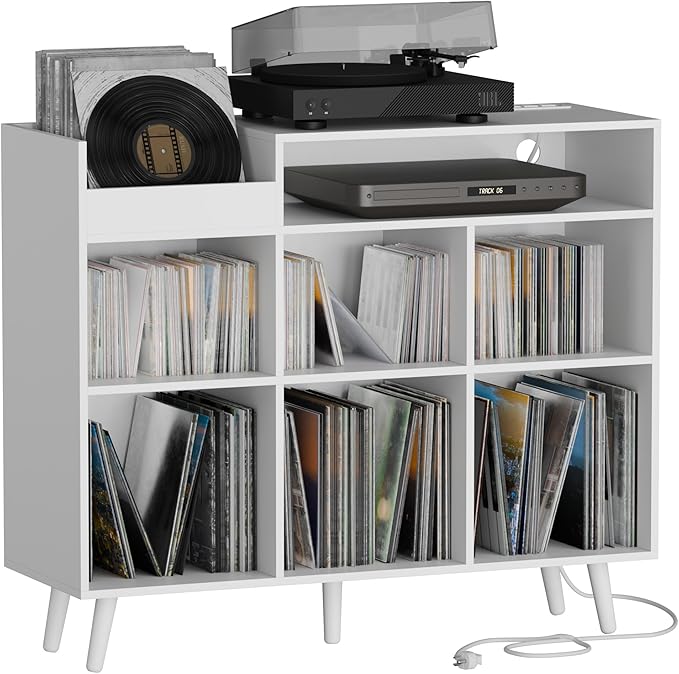Cozy Castle Large Record Player Stand, Vinyl Storage Cabinet Mid Century Modern Turntable Stand Media Console Table Open Shelf Cube CD Album Holder Organizer for Living Room, Office, White