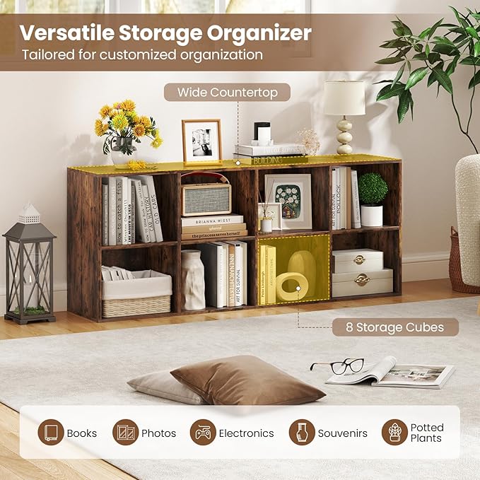 Giantex 8-Cube Bookcase, Floor Standing Bookshelf with Storage & 2 Anti-Tipping Kits, Open Storage Organizer, Cubby Wooden Book Shelf for Living Room, Study & Bedroom, Rustic Brown