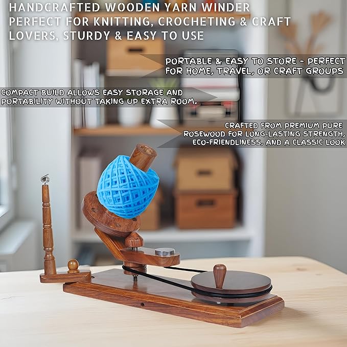 Yarn Winder – Large Handcrafted Wooden Ball Winder for Knitting, Crocheting & Weaving – Heavy-Duty Natural Rosewood Yarn Winder for 8-12 oz Yarn Cakes