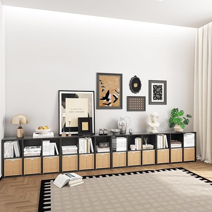 Wooden 6 Cube Storage Organizer with Closed Back Panel,Black Cube Shelf Heavy Duty Cubby Storage Organizer with Compartments for Living,Display Shelf,Bookshelf