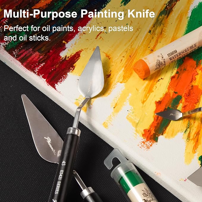 PHOENIX High Flexible Palette Knife Set, 5 Pieces Stainless Steel Painting Knives (32,34,50,46,53) Art Knife with Wood Handle, Paint Spatula for Oil Acrylic Paint
